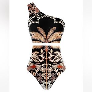New W Tags Commense Two Piece Bikini One-Shoulder Black and Tan Swim Set Unique
